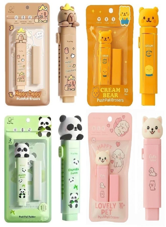 Invite Enterprise Cartoon Shaped Cute Erasers Push Pull Design Retractable Erasers Pastel Aesthetic Pencil Eraser Cute Rubber for Kids Students School Office Stationery (Brown + Yellow + Green + Cat Pink)(Pack of 4) - Image 1